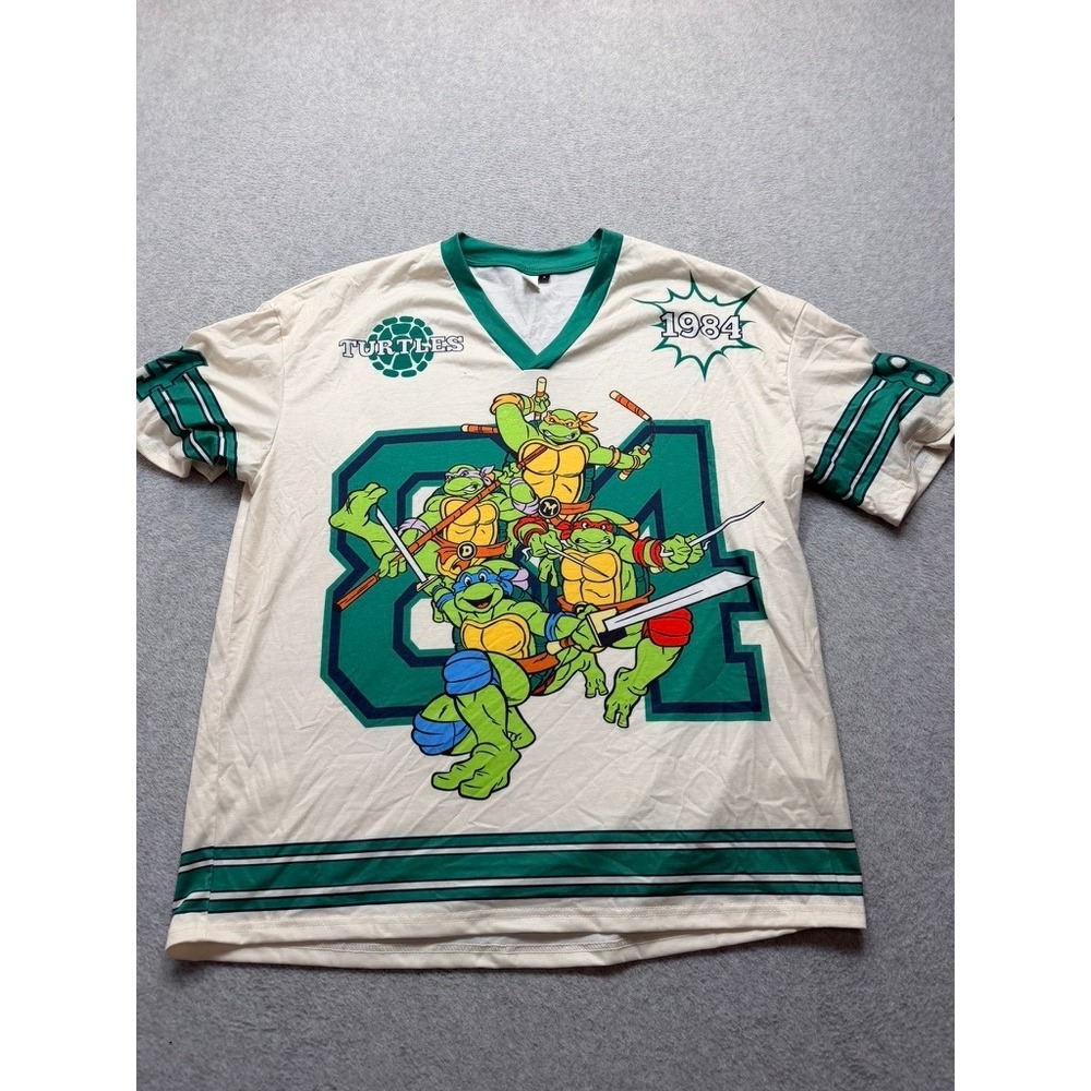 SHEIN X Nickelodeon TMNT Ninja Turtles Jersey Graphic T-Shirt Cream Green Mens M